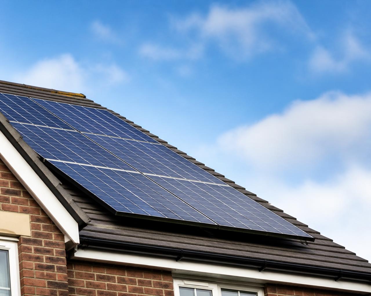 Solar panels on a British house roof seen from a low angle against a blue sky