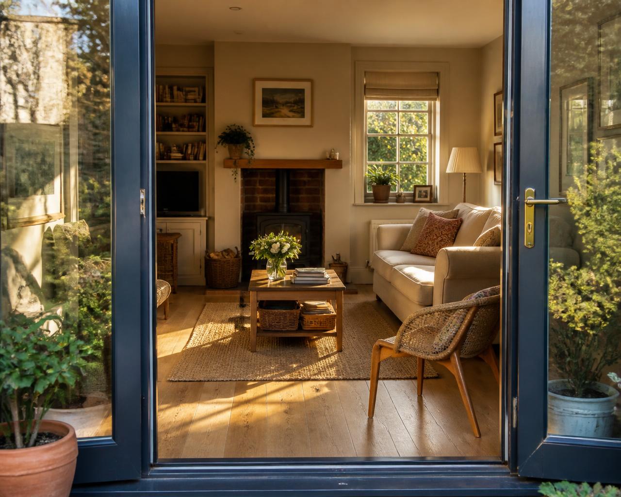 A warm, lit British living room seen from the garden through open glass doors